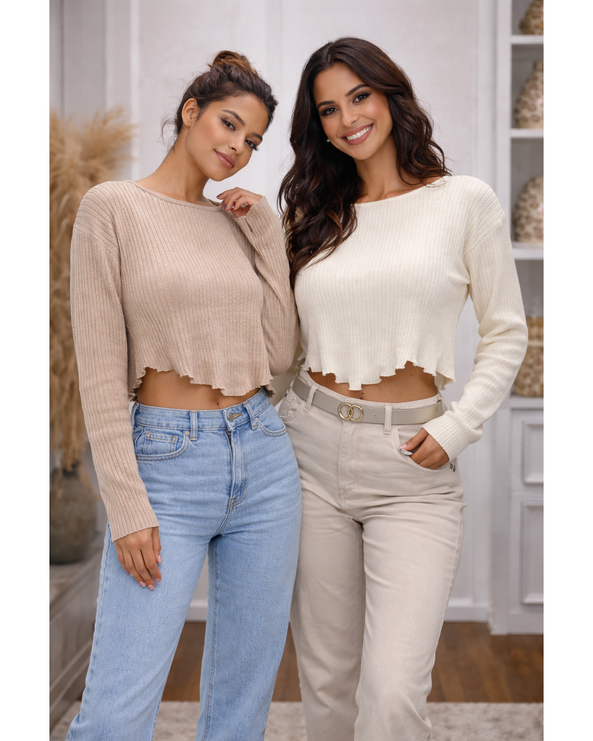 Stretch Rib Knotted Crop Sweater Top with Shaped Hem (Ivory & Oatmeal)