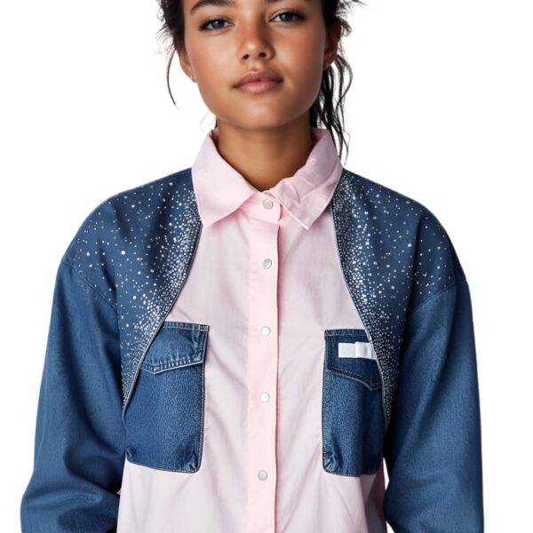 Rhinestone Denim Patchwork Pink Shirt