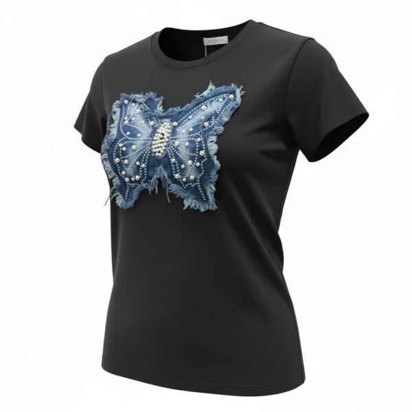 Denim Butterfly Pearl + Rhinestone Tee (Black)