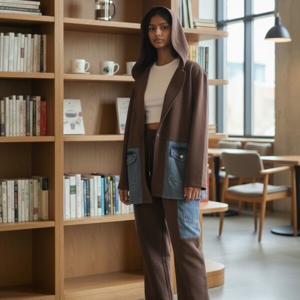 Brown Denim Patchwork Blazer & Pants Set