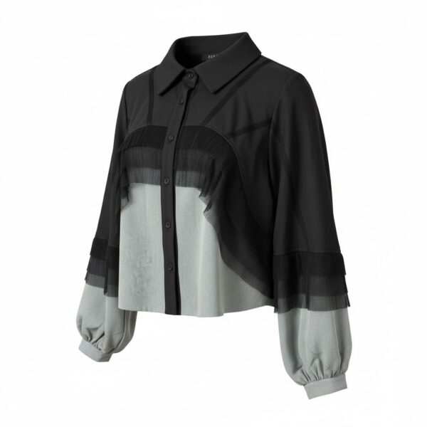 Black Denim Shadow Mesh Contrast Blouse