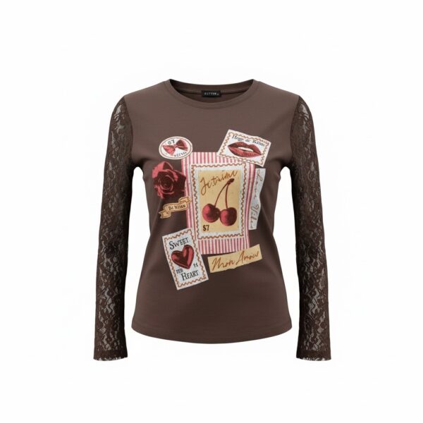 Cherry Graphic Lace Sleeve Top (Brown)