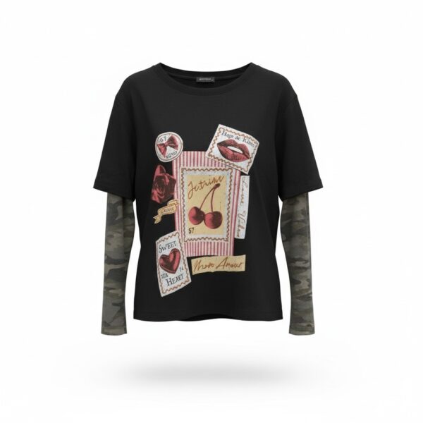 Cherry Graphic Camo Sleeve Top (Black)