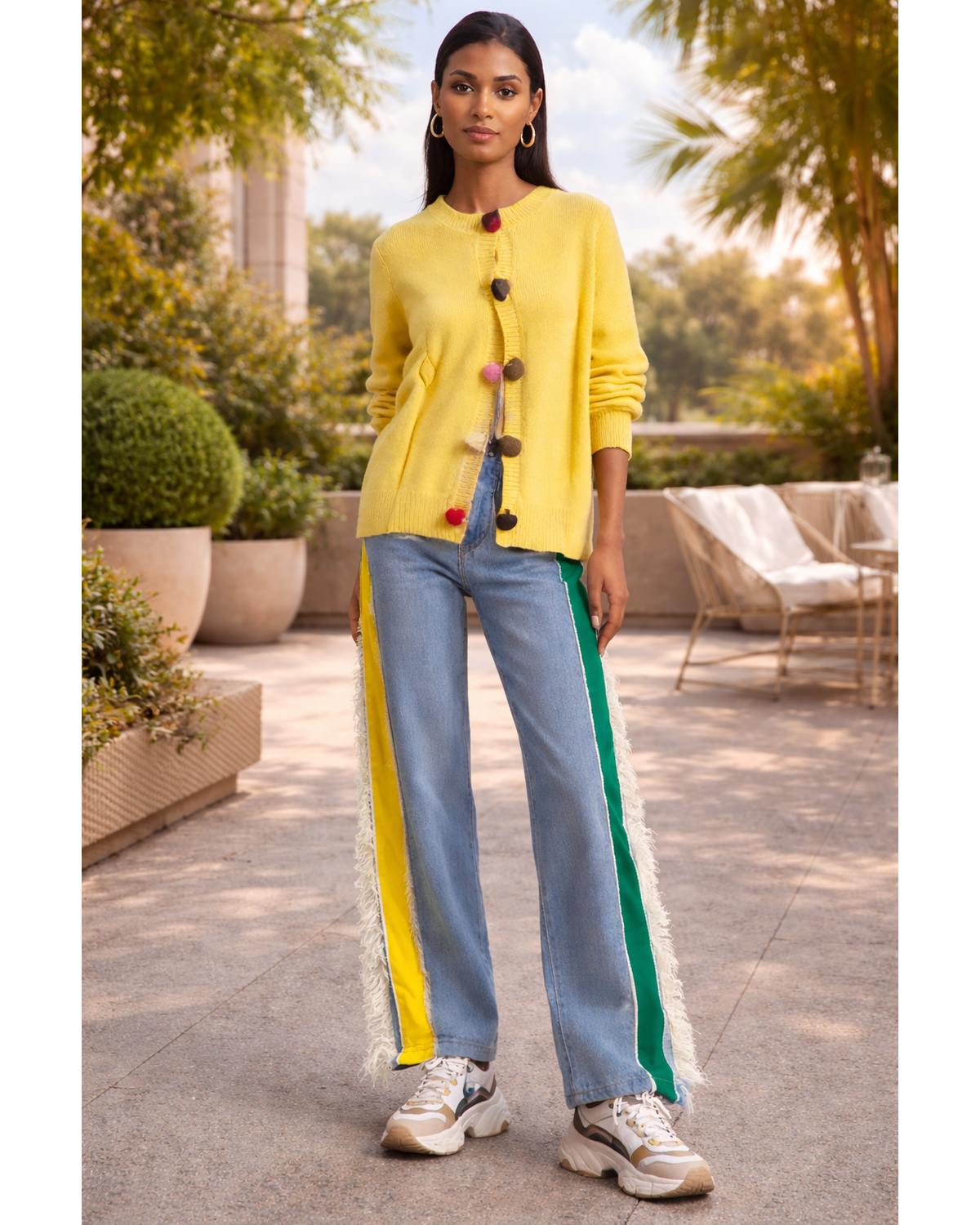 Wide Leg Denim Contrast Pants – Yellow (Copy)