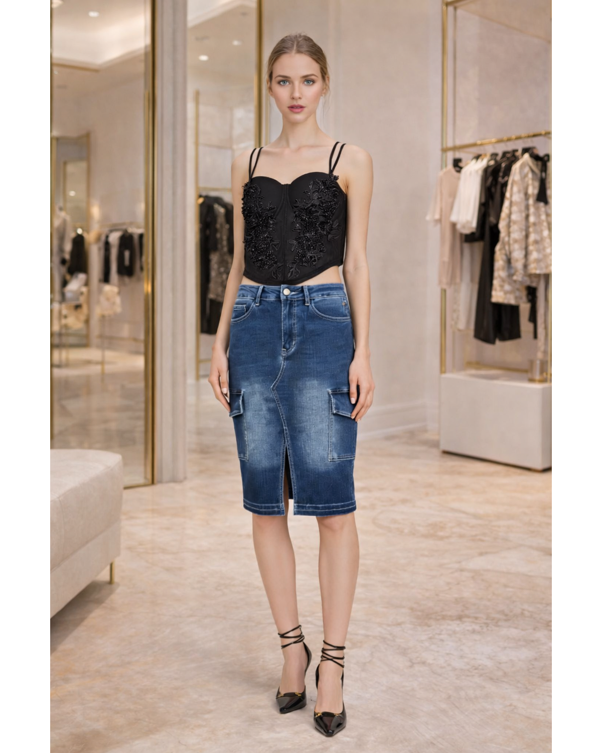 Dark denim cargo midi skirt