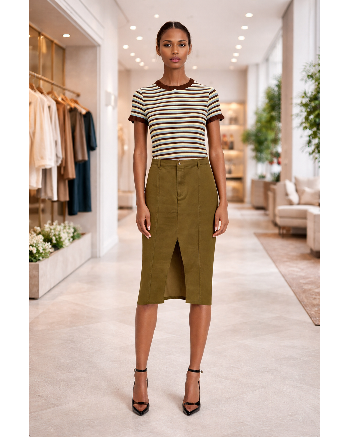 Pocket Denim Midi Pencil Skirt – Olive