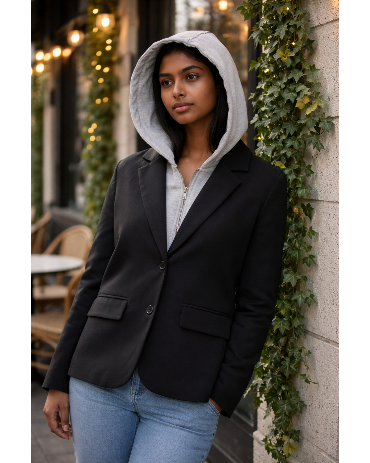 Snobby Black Stretch Tailored Blazer with Attached Hoodie