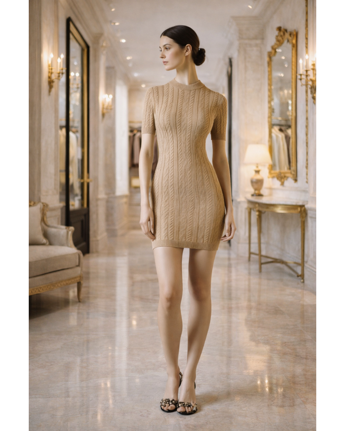 Ribbed Short Sleeve Knit Dress - Beige