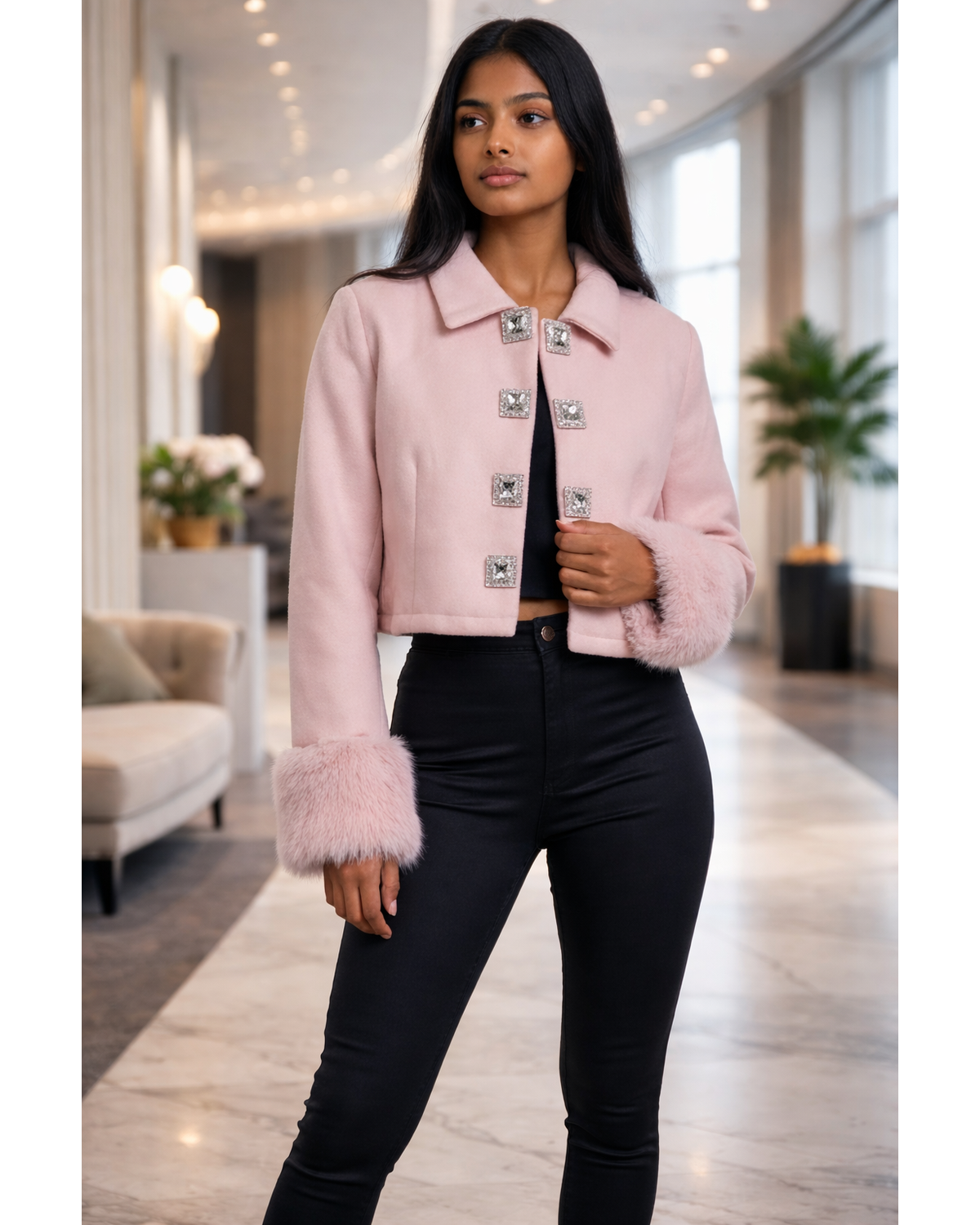 The Snobby Berry Cream Fur Trim Cropped Jacket