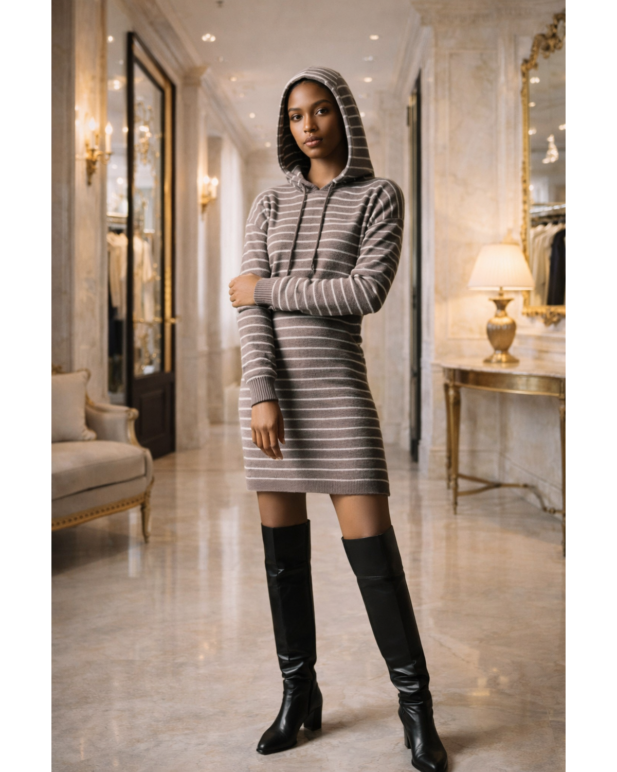 Purple Striped Hoodie Sweater Midi Dress