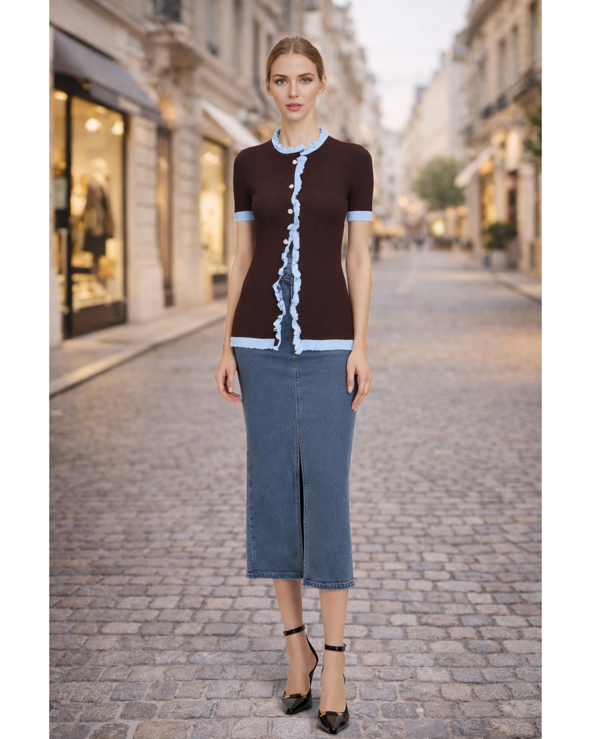 Front Slit Denim Midi Skirt