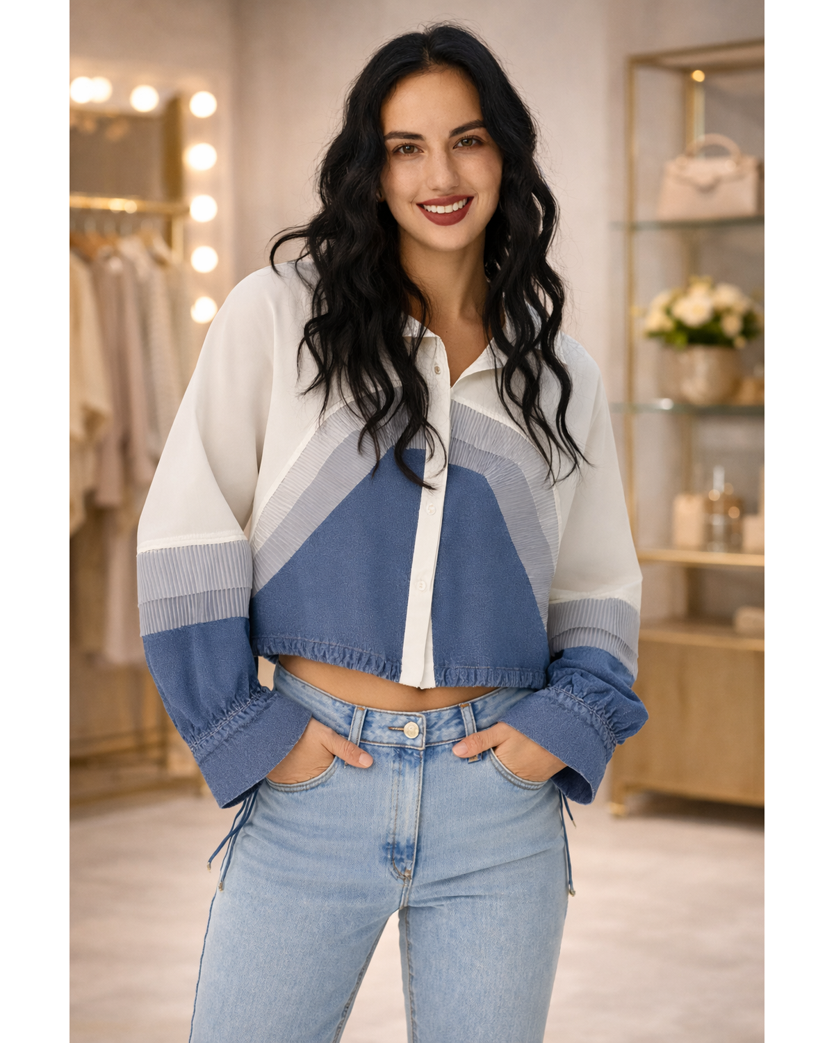 Ruffled Denim Patchwork Drawstring Shirt – White