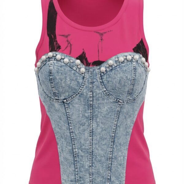 Pink Pearl Denim Corset Sleeveless Top