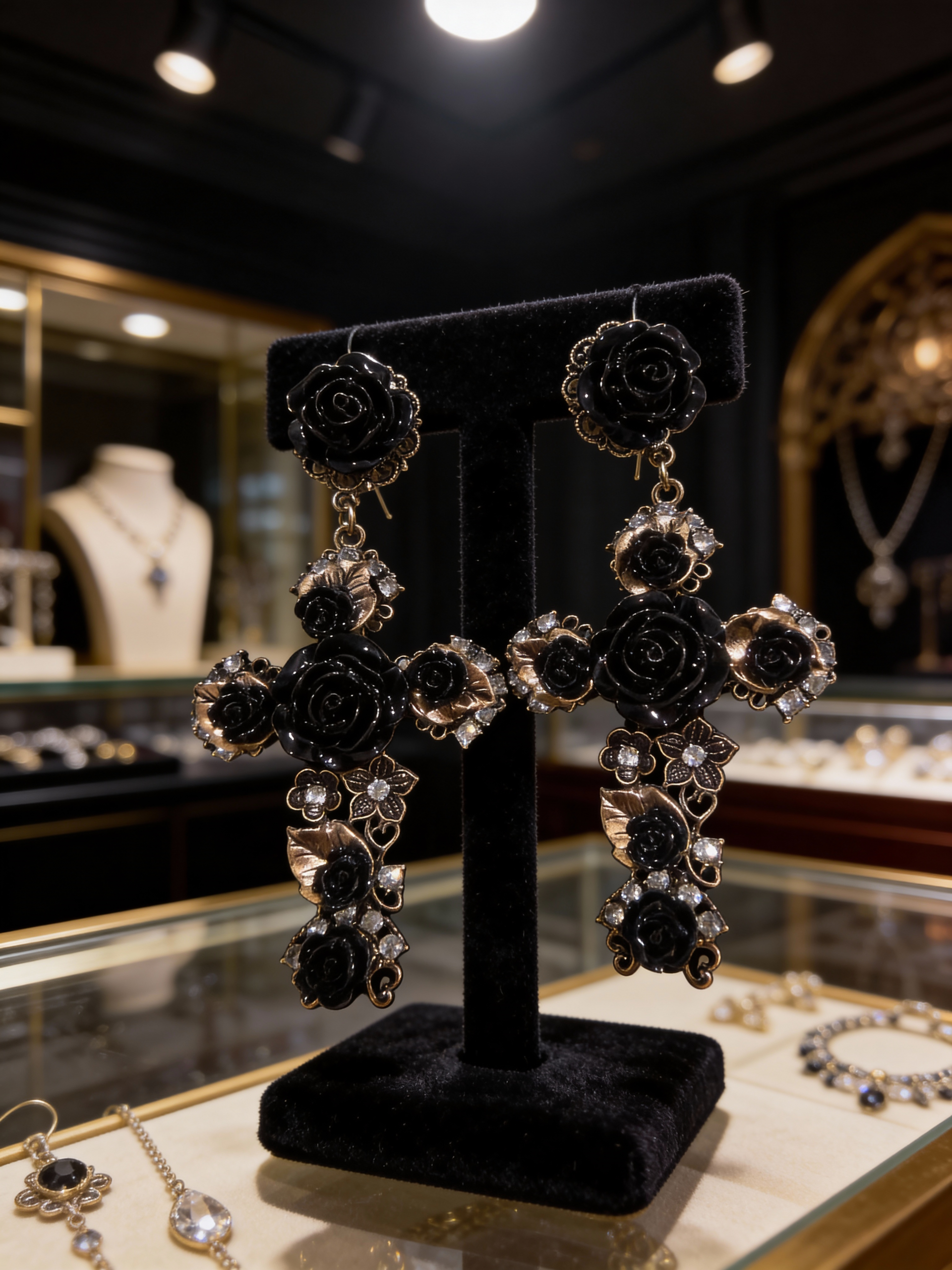 Noir Rose Cross Statement Earrings