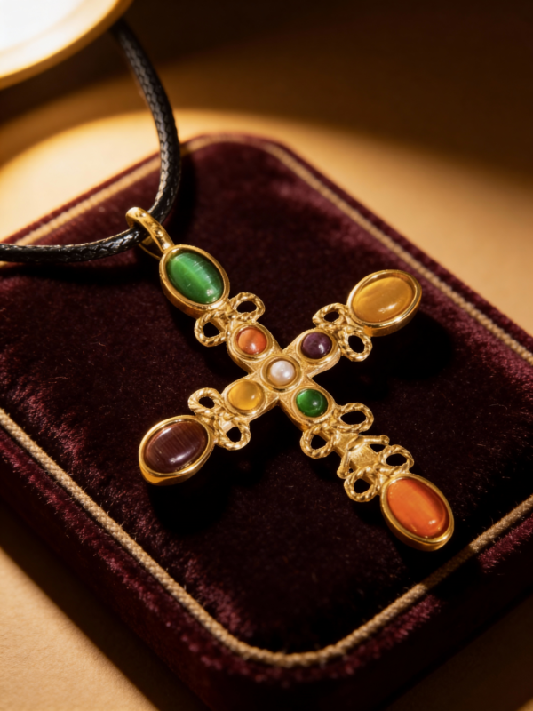 18K Gold Non-Tarnish Multi-Stone Cross Pendant