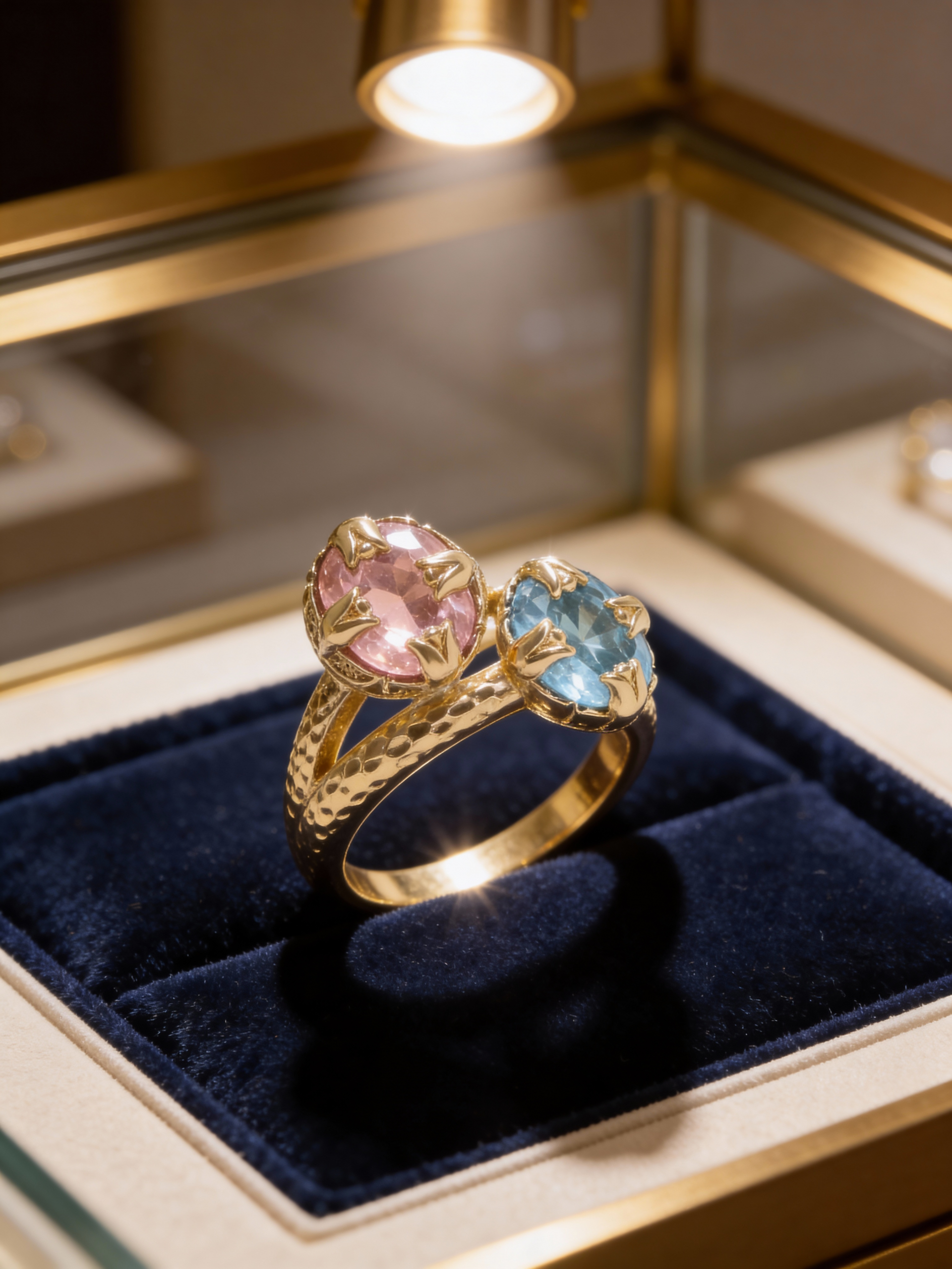 Blue Crystal & Tulip Bloom Ring – 14K Gold Plated