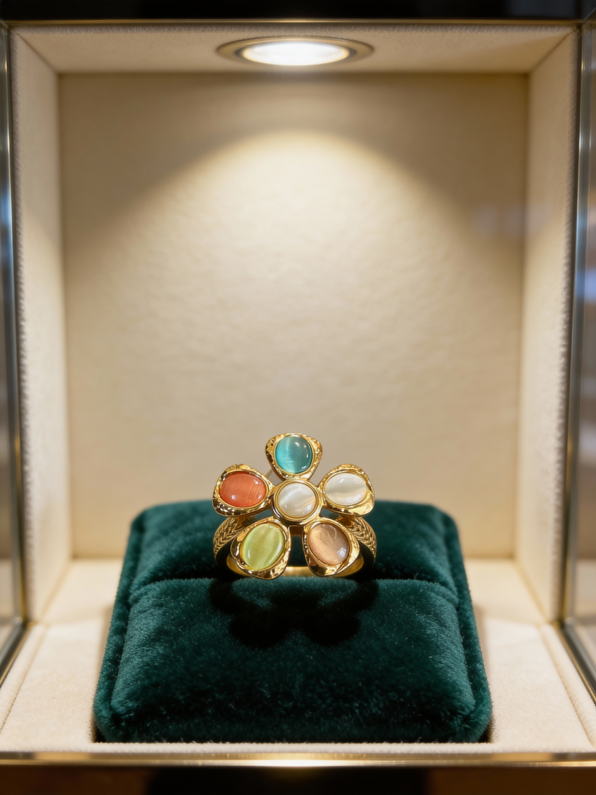 18K Gold Non-Tarnish Vintage Stone Floral Ring