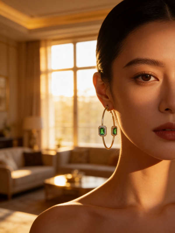 Gold Emerald CZ Hoop Earrings – 1.85”