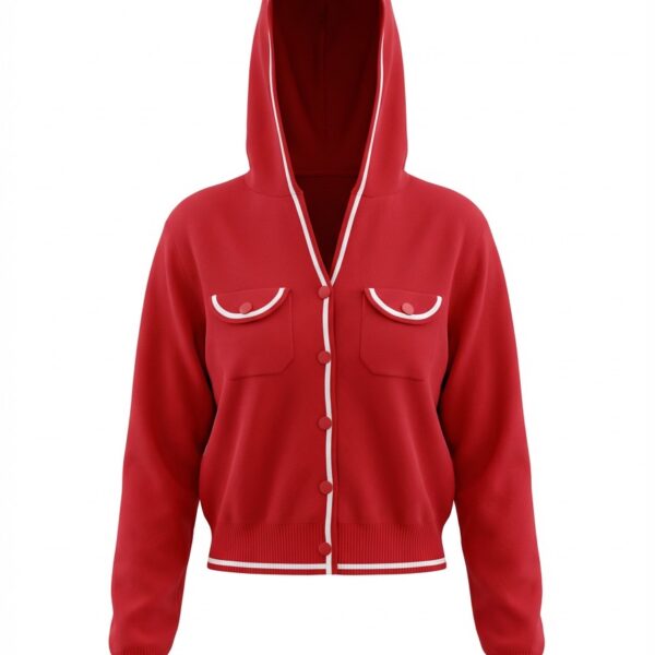 Hooded Flow Cardigan with Contrast – Red