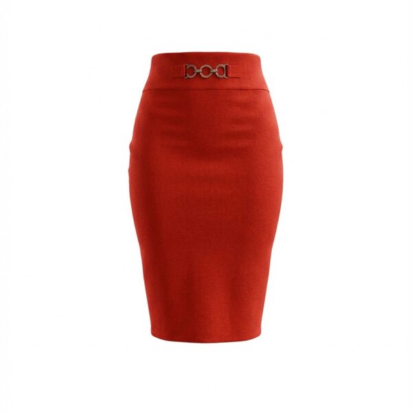 Belted High-Waist Stretch Pencil Skirt (Brick & Black)