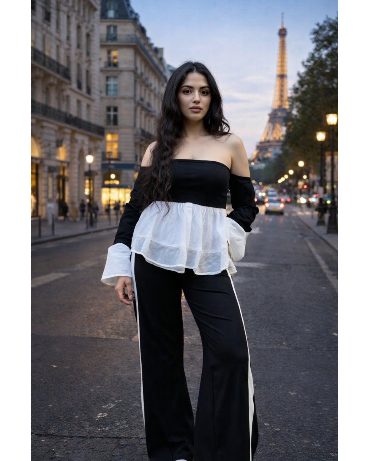 Black Knit Off-Shoulder Contrast Pants Set