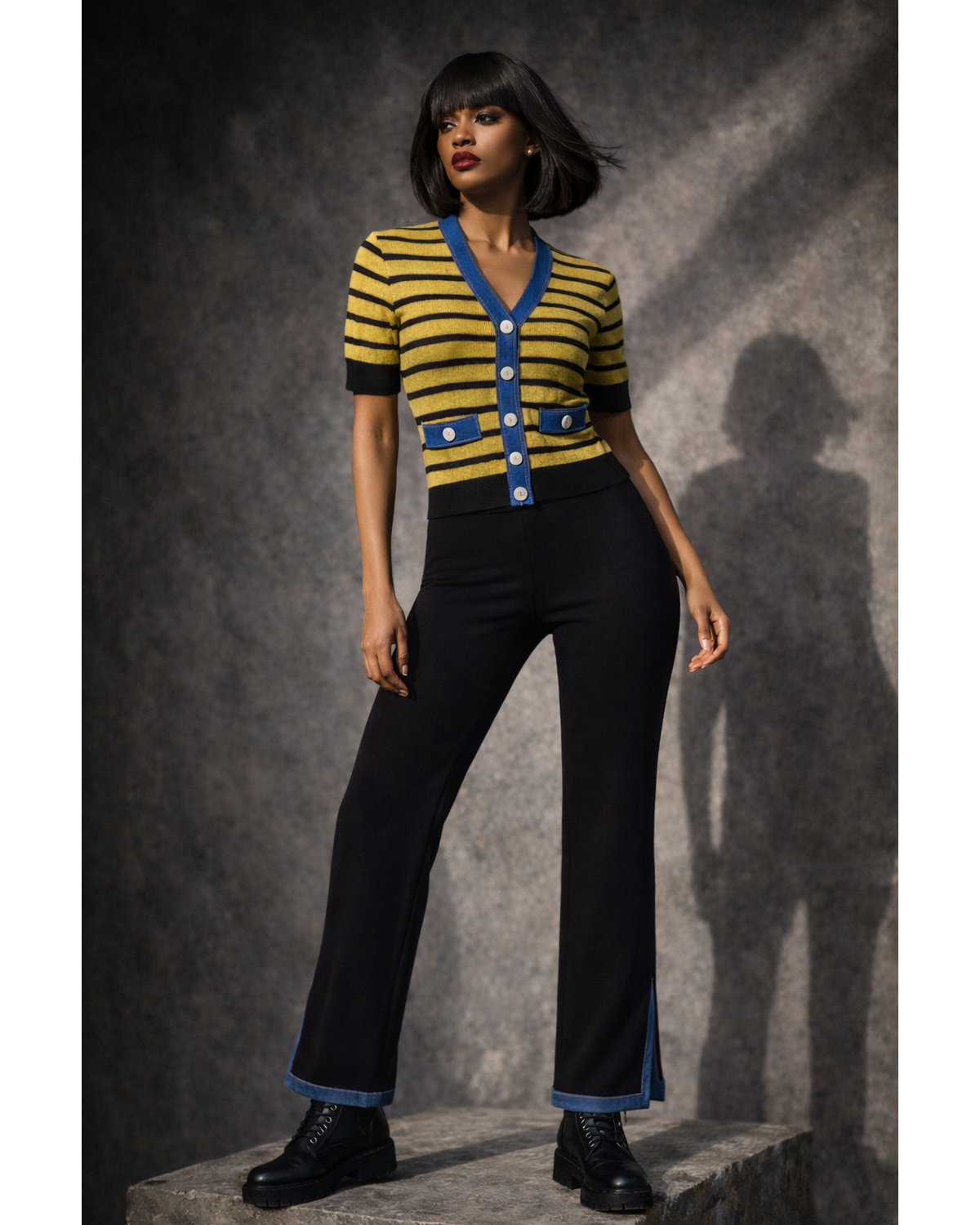 Denim Charm Striped Cardigan & Pants Set