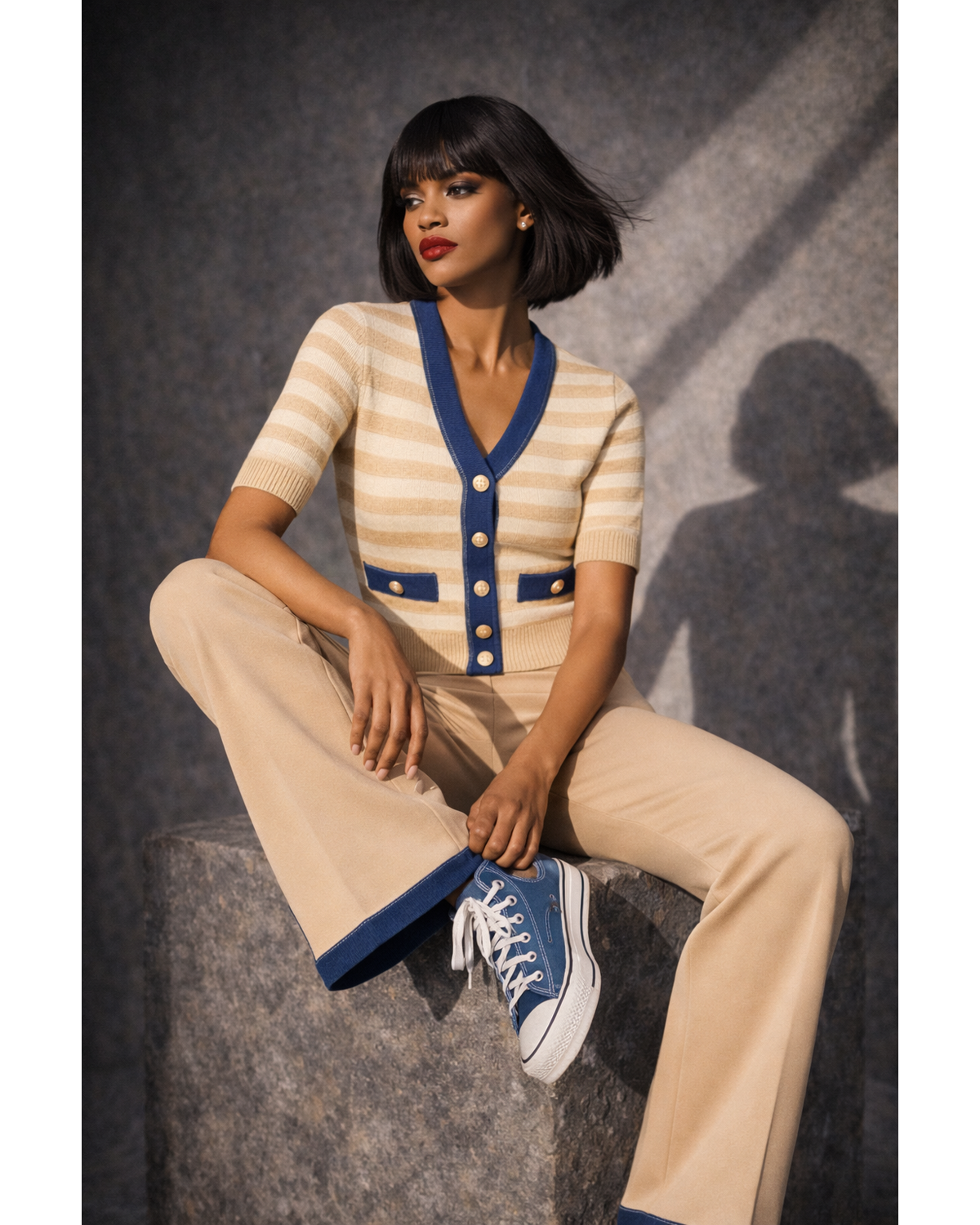 Denim Charm Striped Cardigan & Pants Set