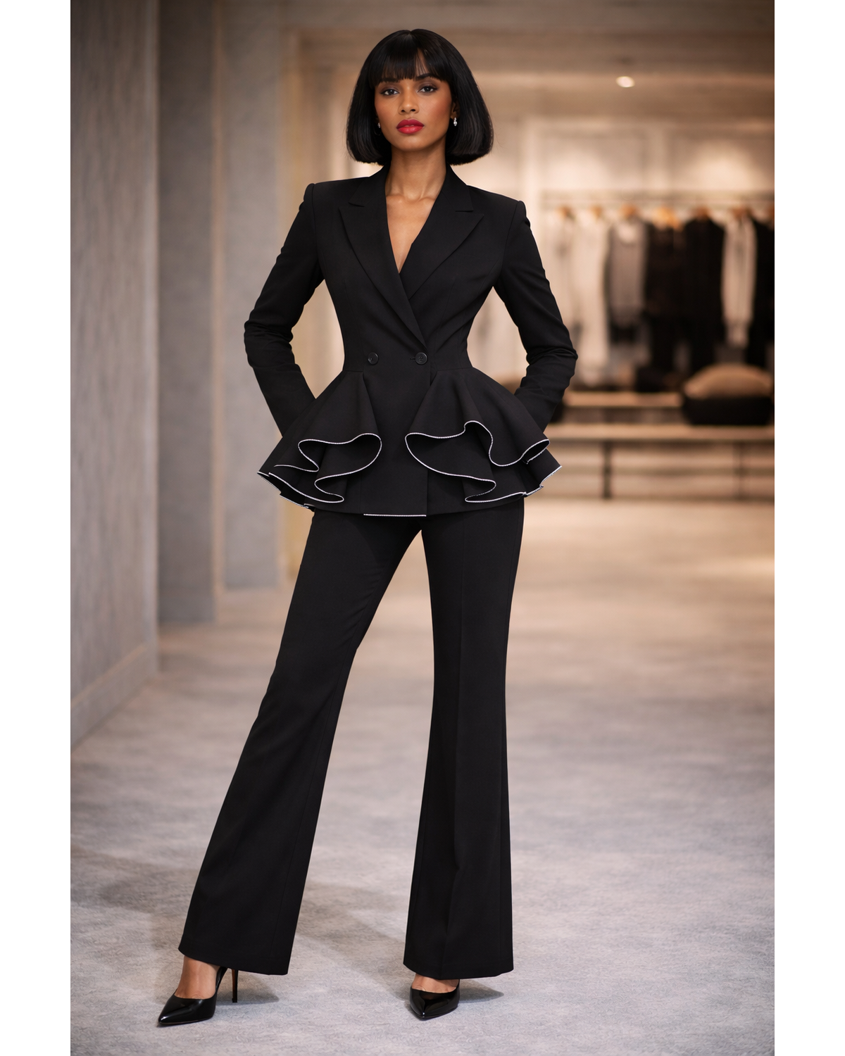 Double Breasted Blazer & Ruffle Peplum Pants Set