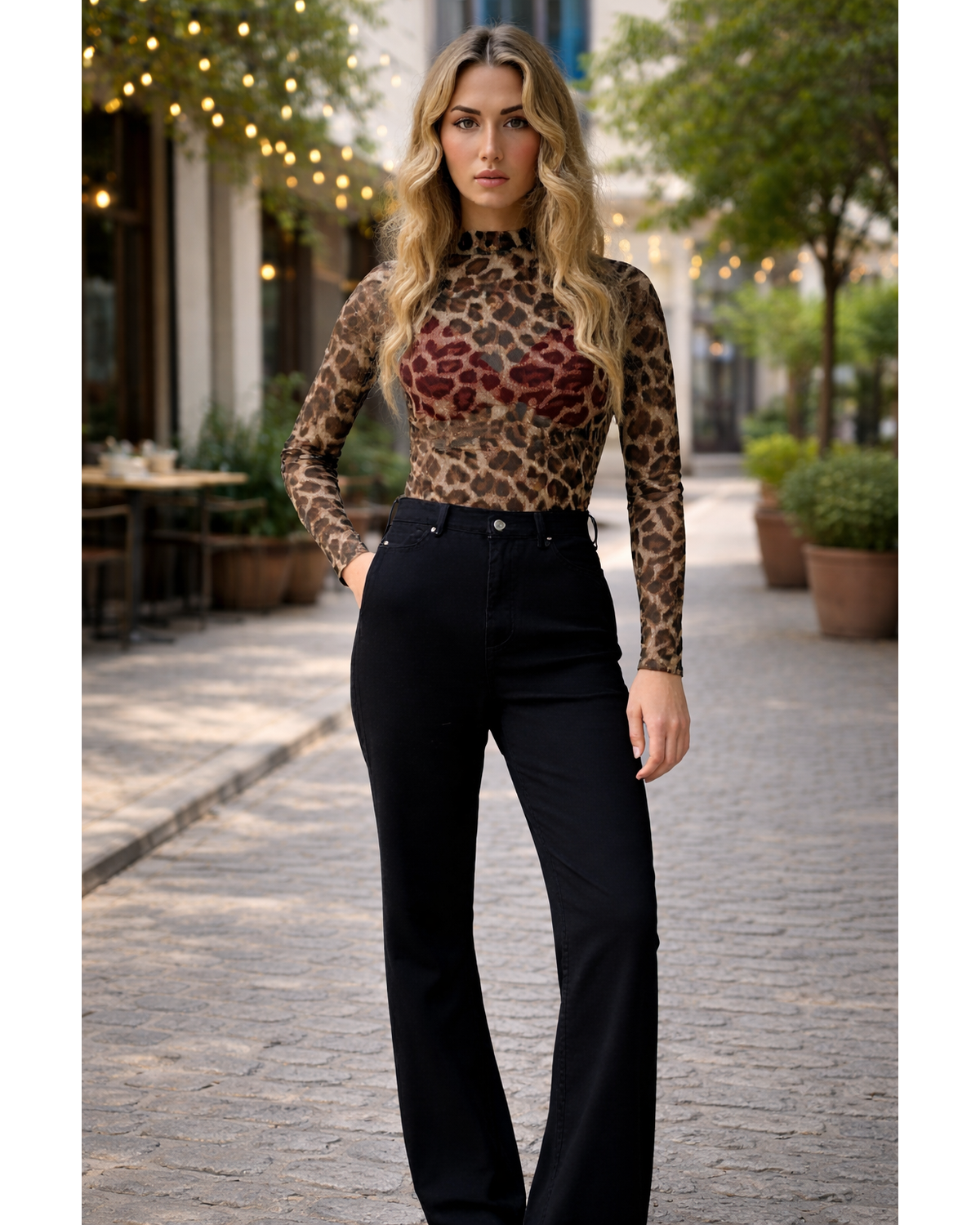 Fierce Layer Leopard Mesh Mock Neck Top