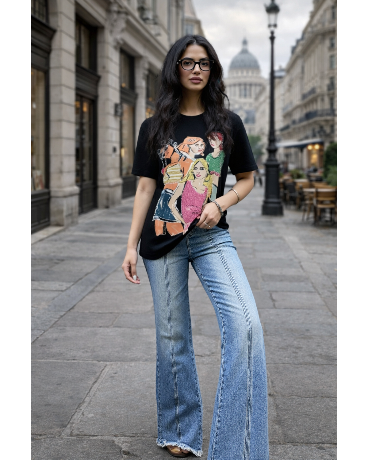 4 Fashion Ladies Bling Graphic Tee - Black