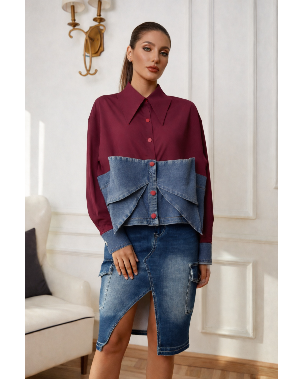 Denim Bow Patchwork Blouse Shirt (Red)