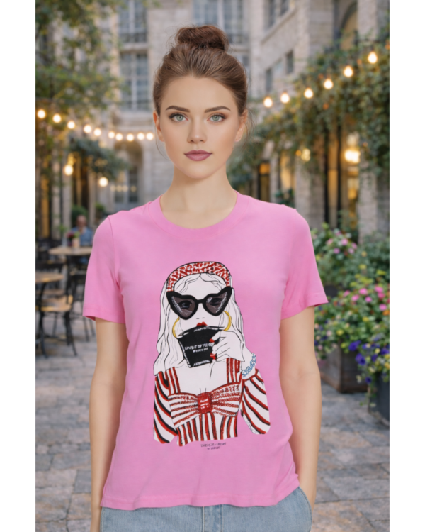 Pink Fashion Girl Rhinestone Tee