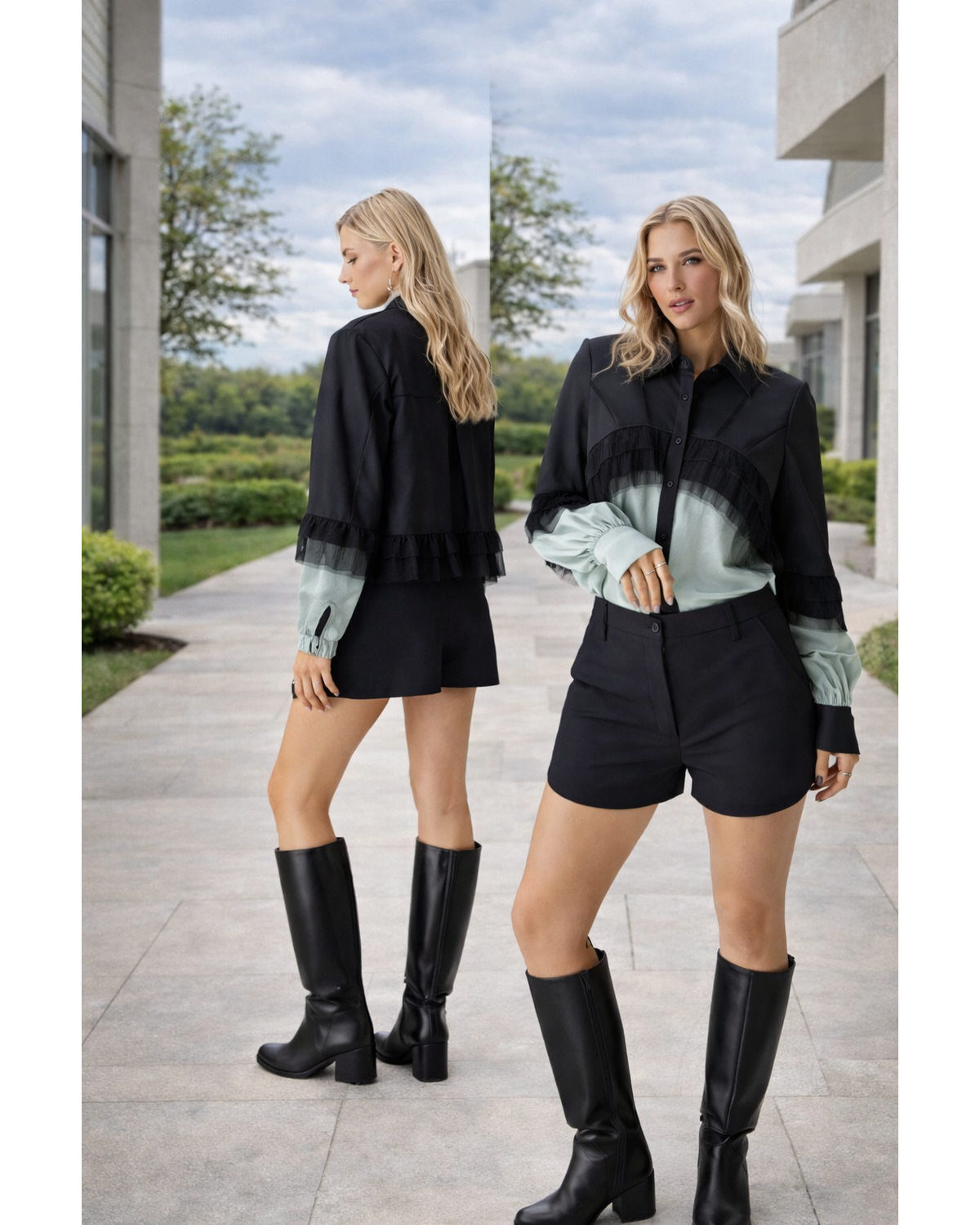 Black Denim Shadow Mesh Contrast Blouse