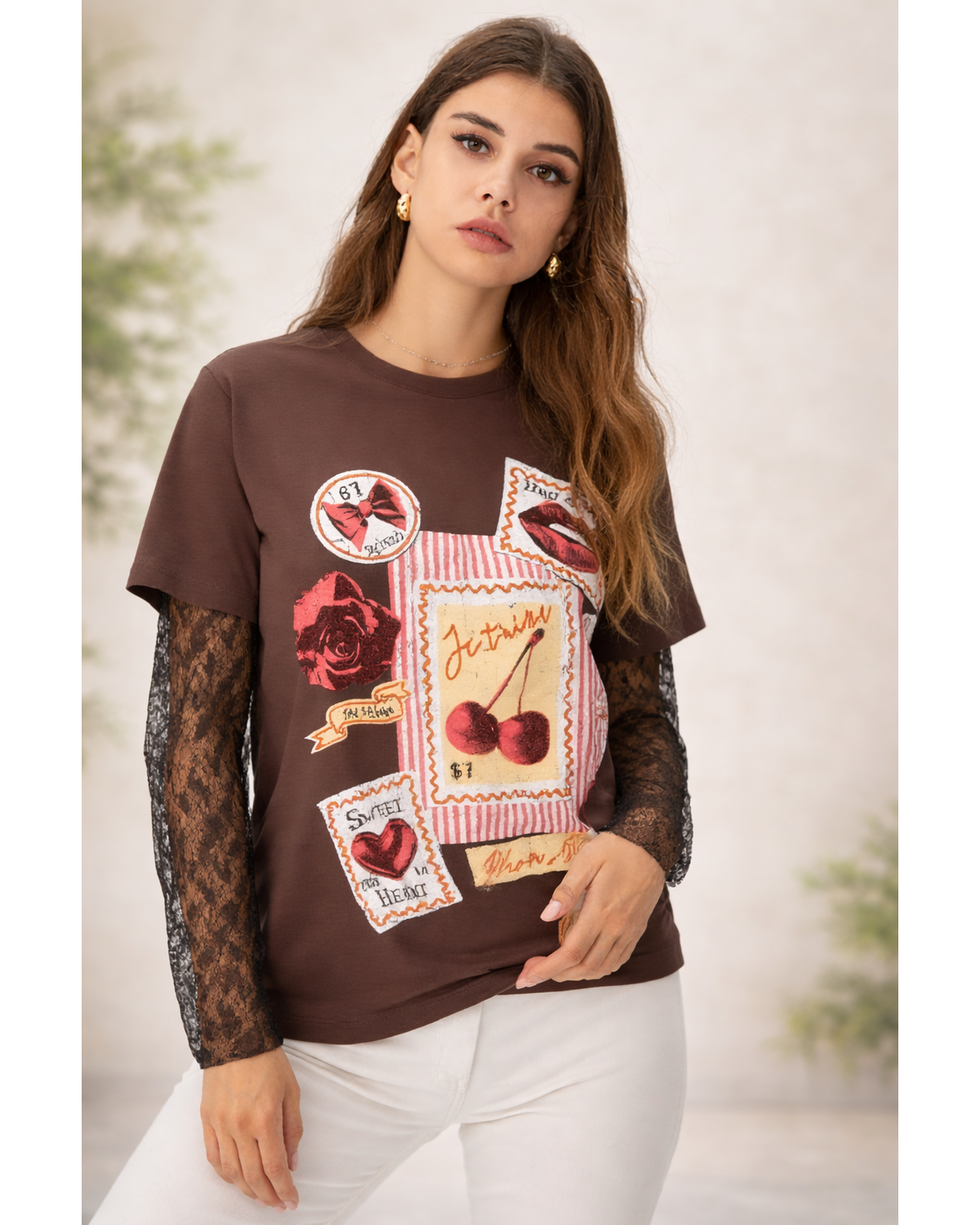 Cherry Graphic Lace Sleeve Top (Brown)