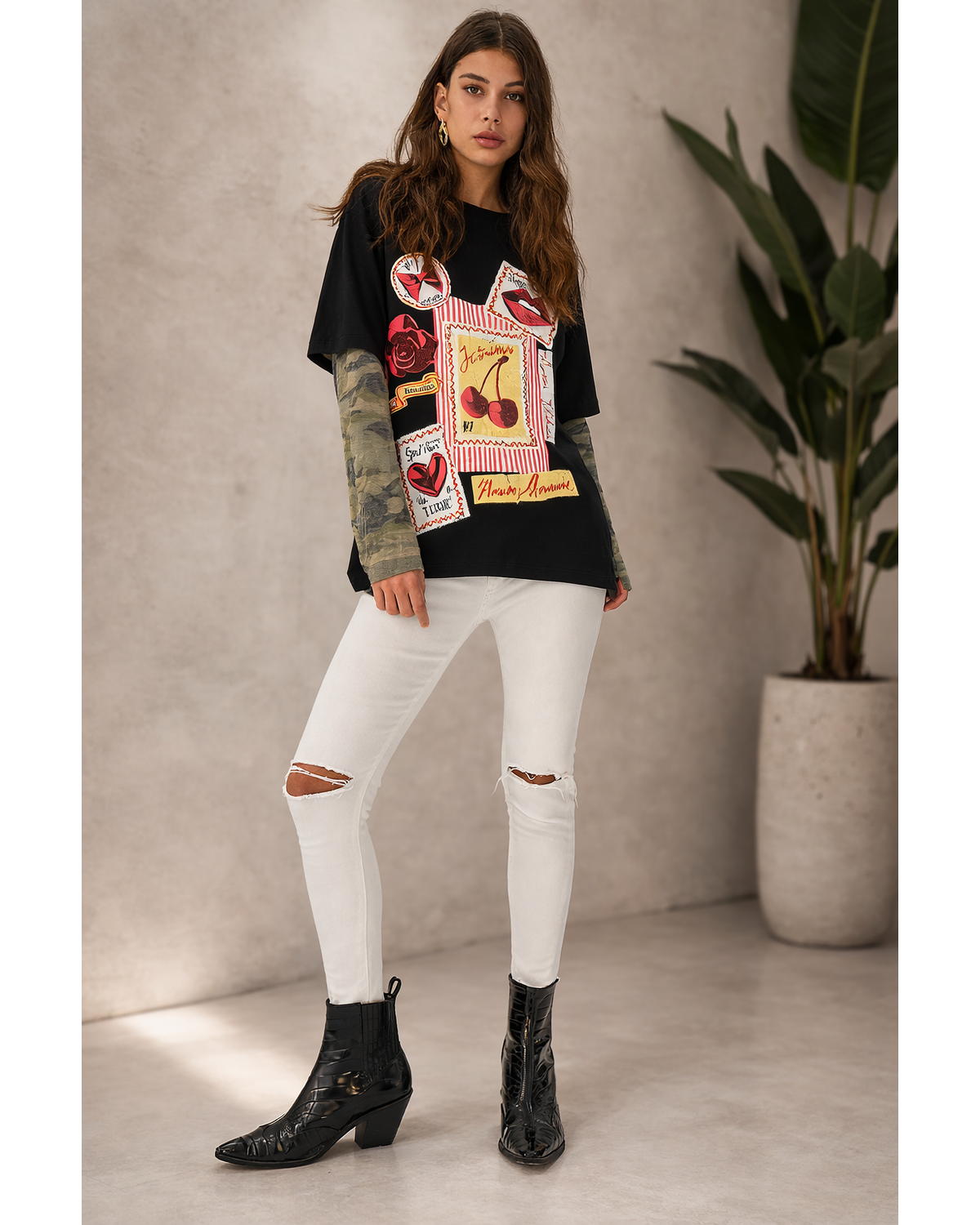 Cherry Graphic Camo Sleeve Top (Black)