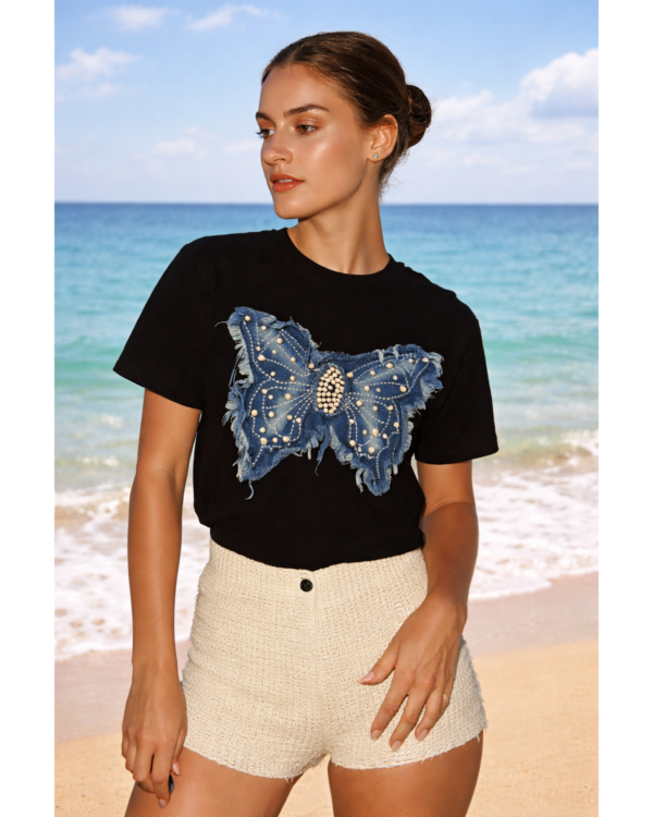 Denim Butterfly Pearl + Rhinestone Tee (Black)