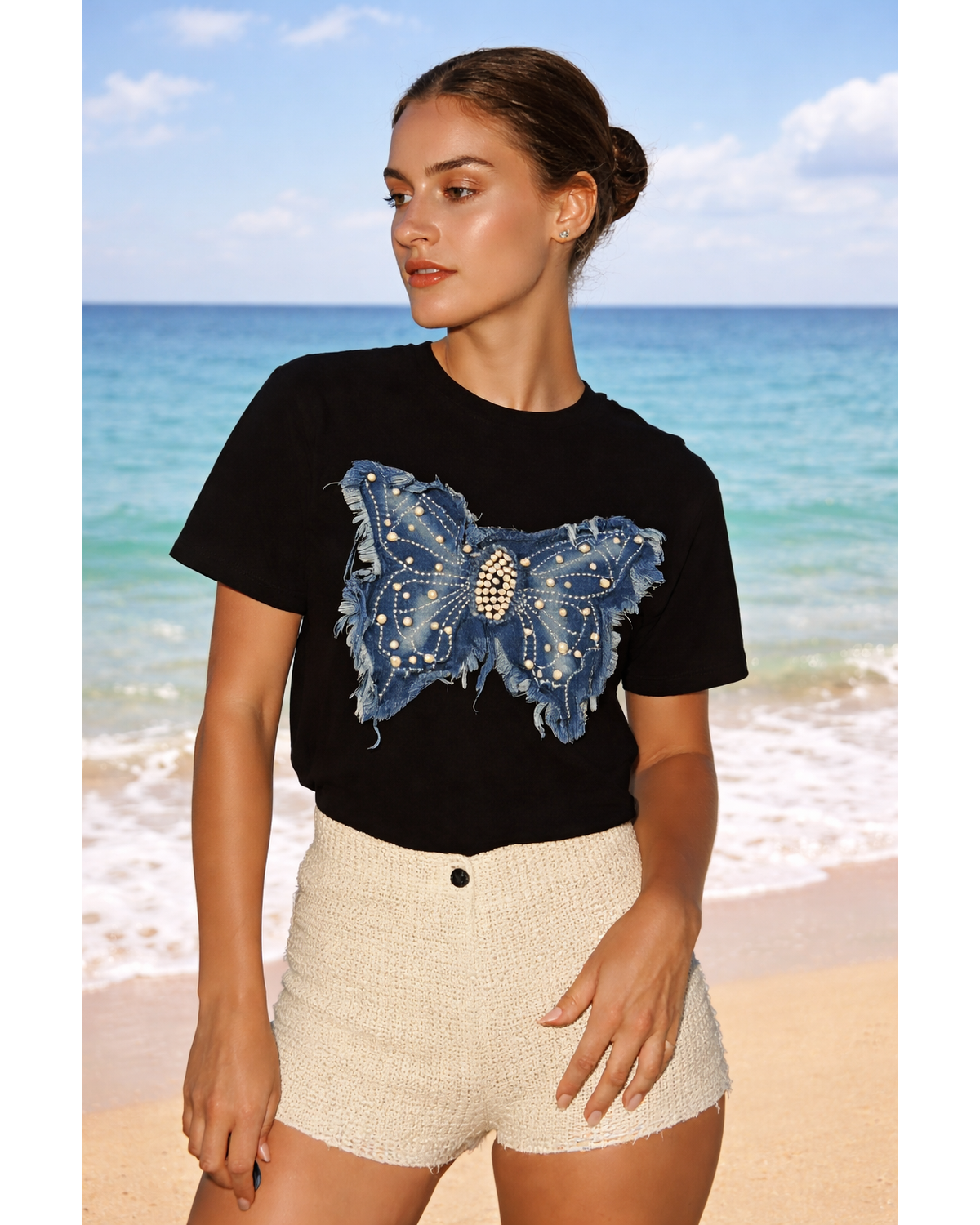 Denim Butterfly Pearl + Rhinestone Tee (Black)