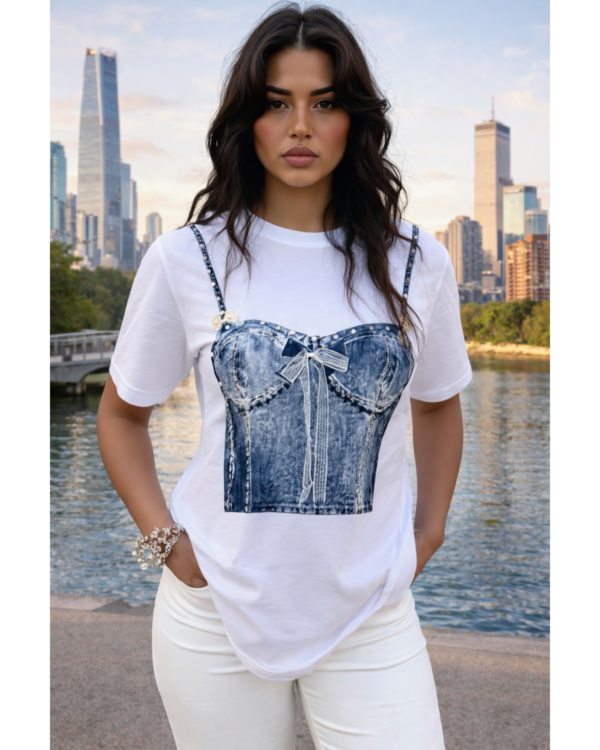 Denim Corset Illusion Pearl Tee (White)