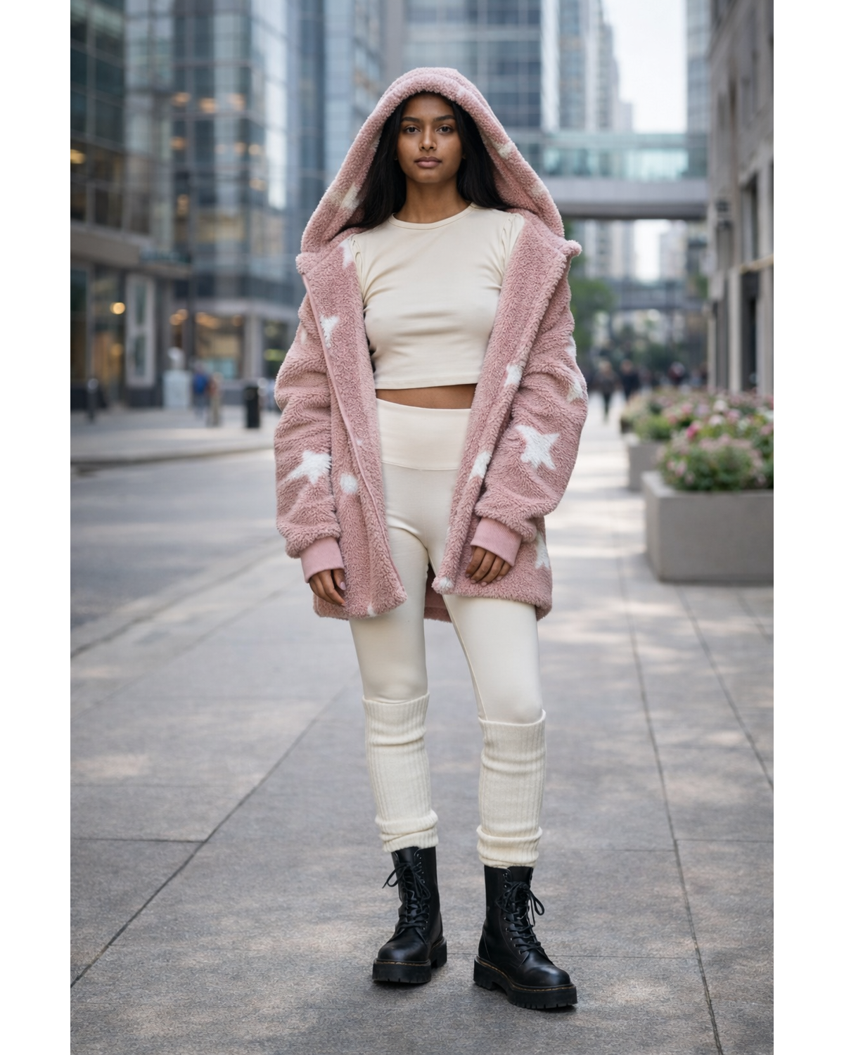 Star Print Double-Sided Faux Fur Open Jacket