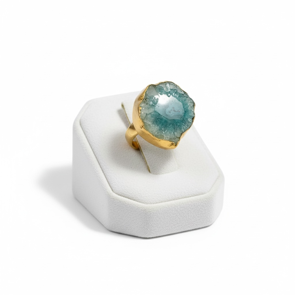 Blue Druzy Agate Handmade Adjustable Gold Ring