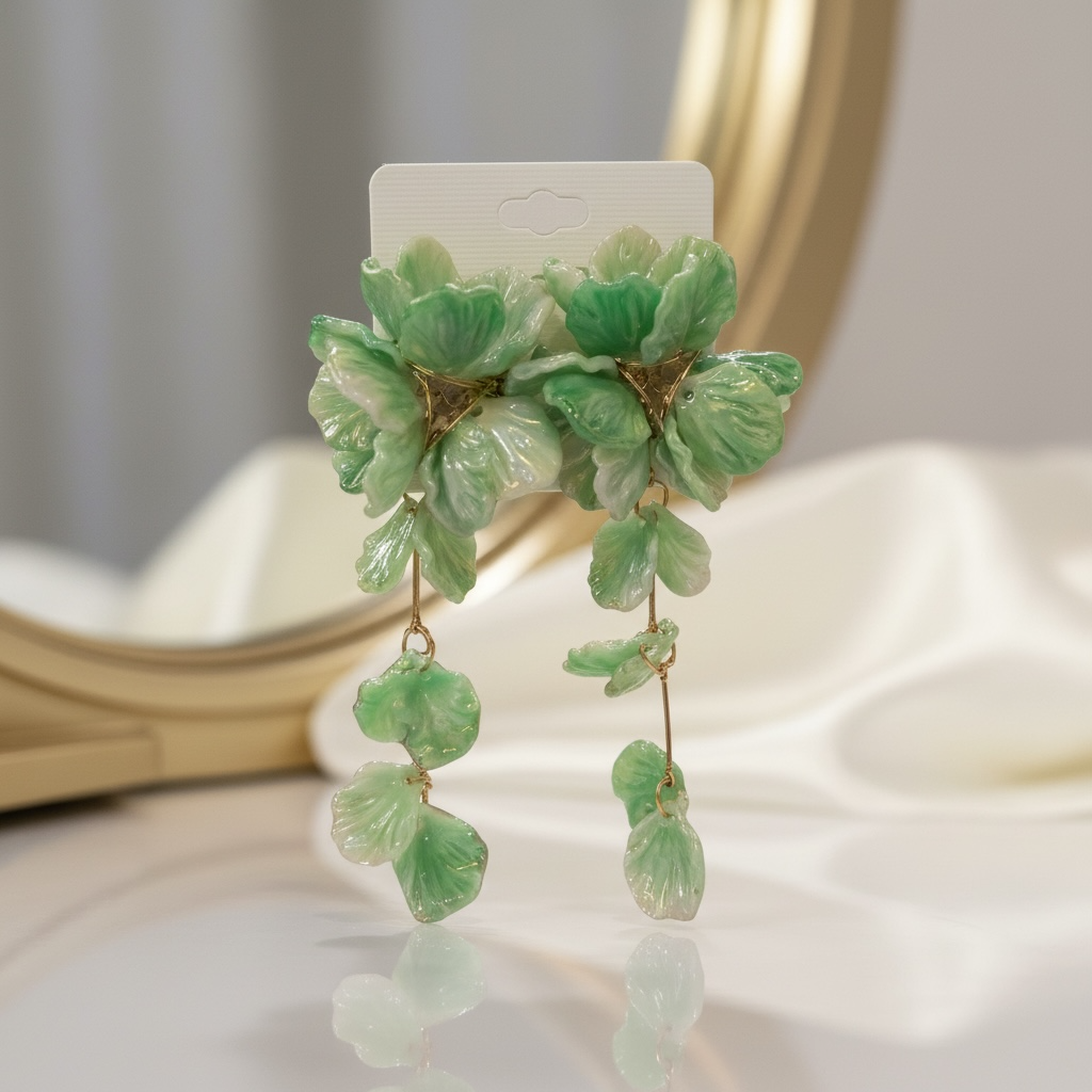 Green Flower Drop Dangle Earrings
