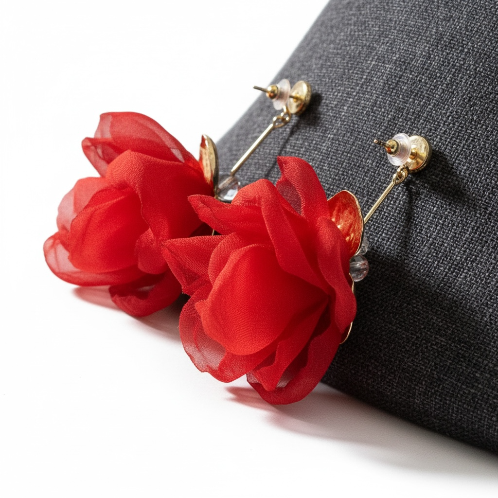 Red Petal Fabric Dangle Earrings