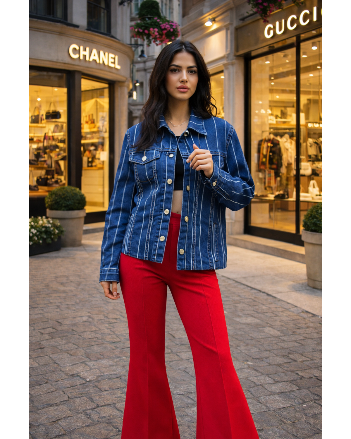 Striped Stretch Cropped Denim Jacket