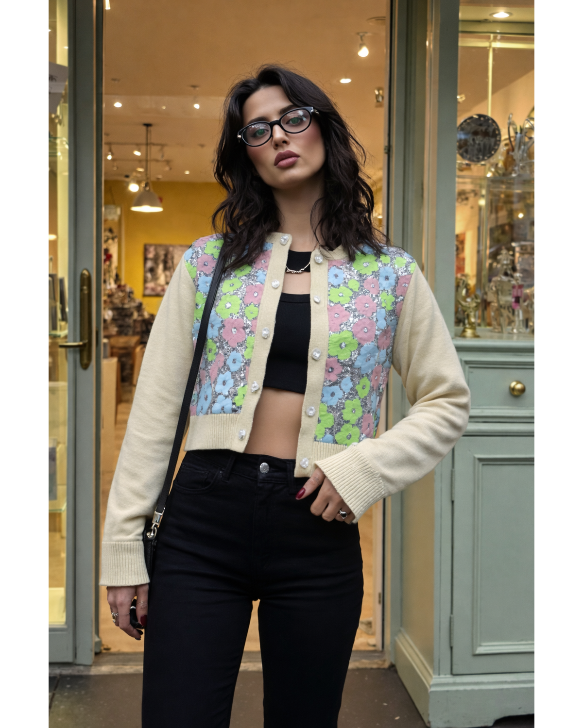 Sequin Floral Button-Closure Sweater