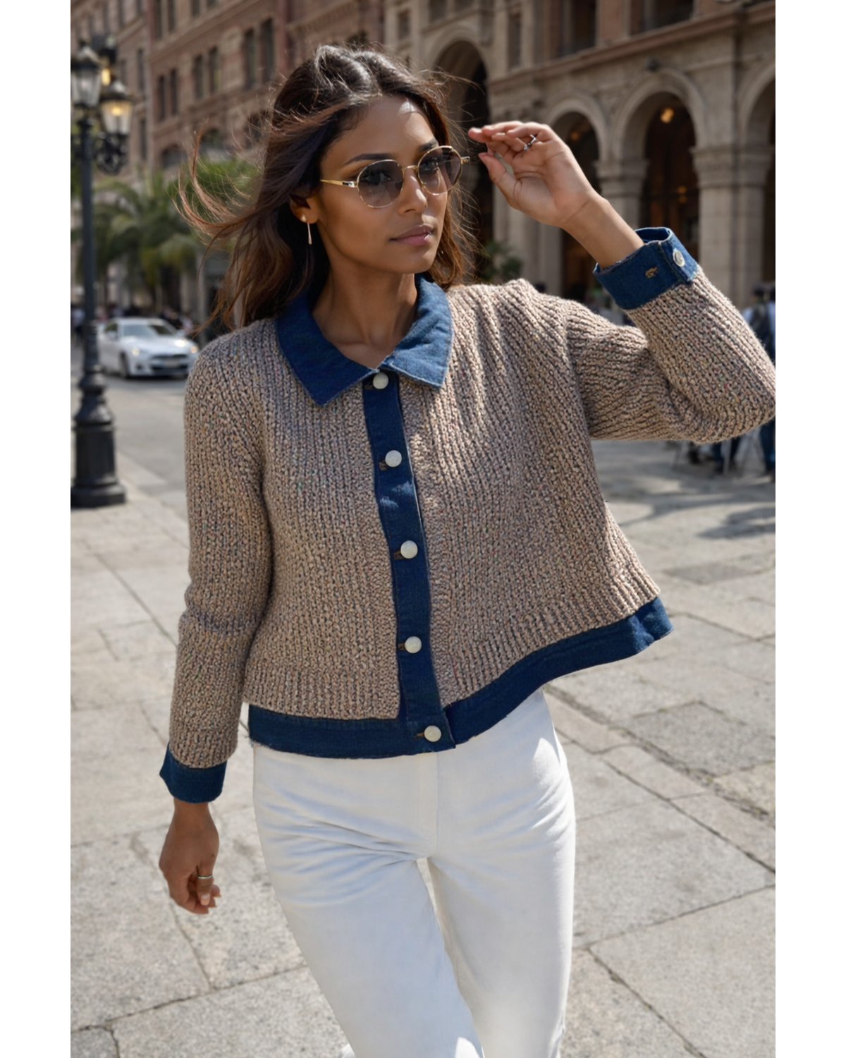 Multicolor Knit Button■Up Jacket with Denim Trim