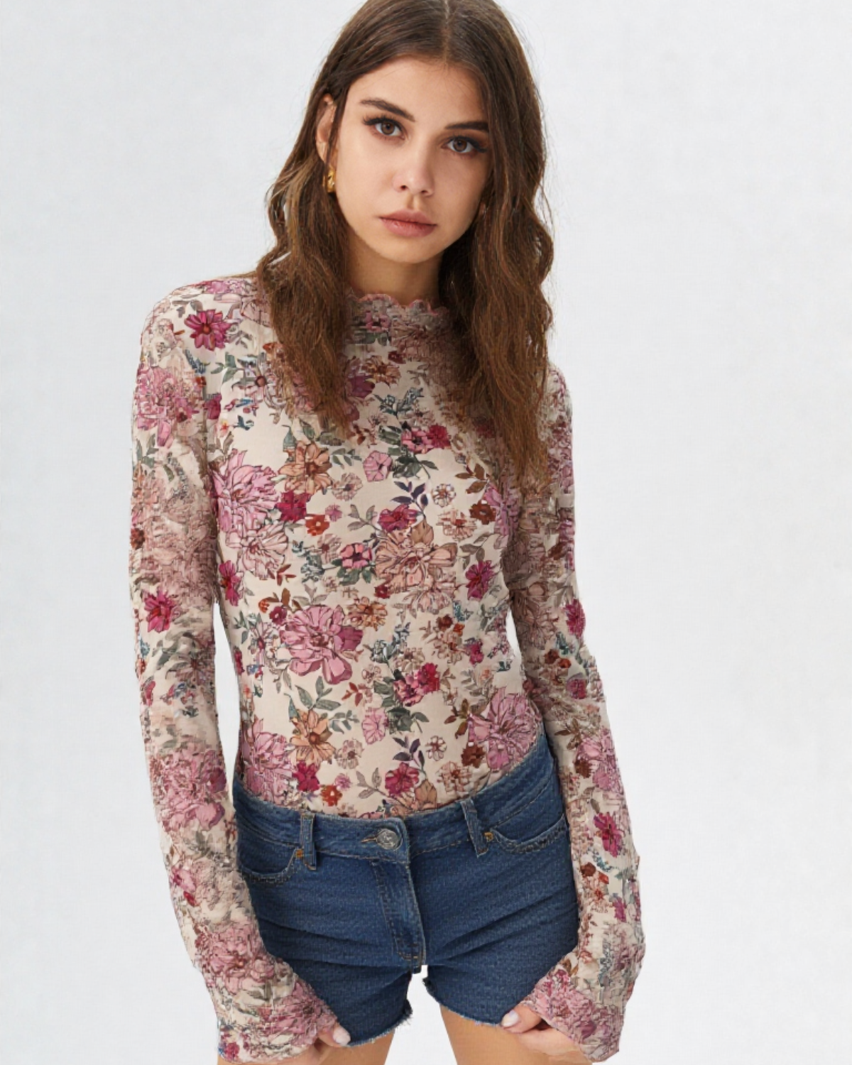 Floral Mesh Mock Neck Top