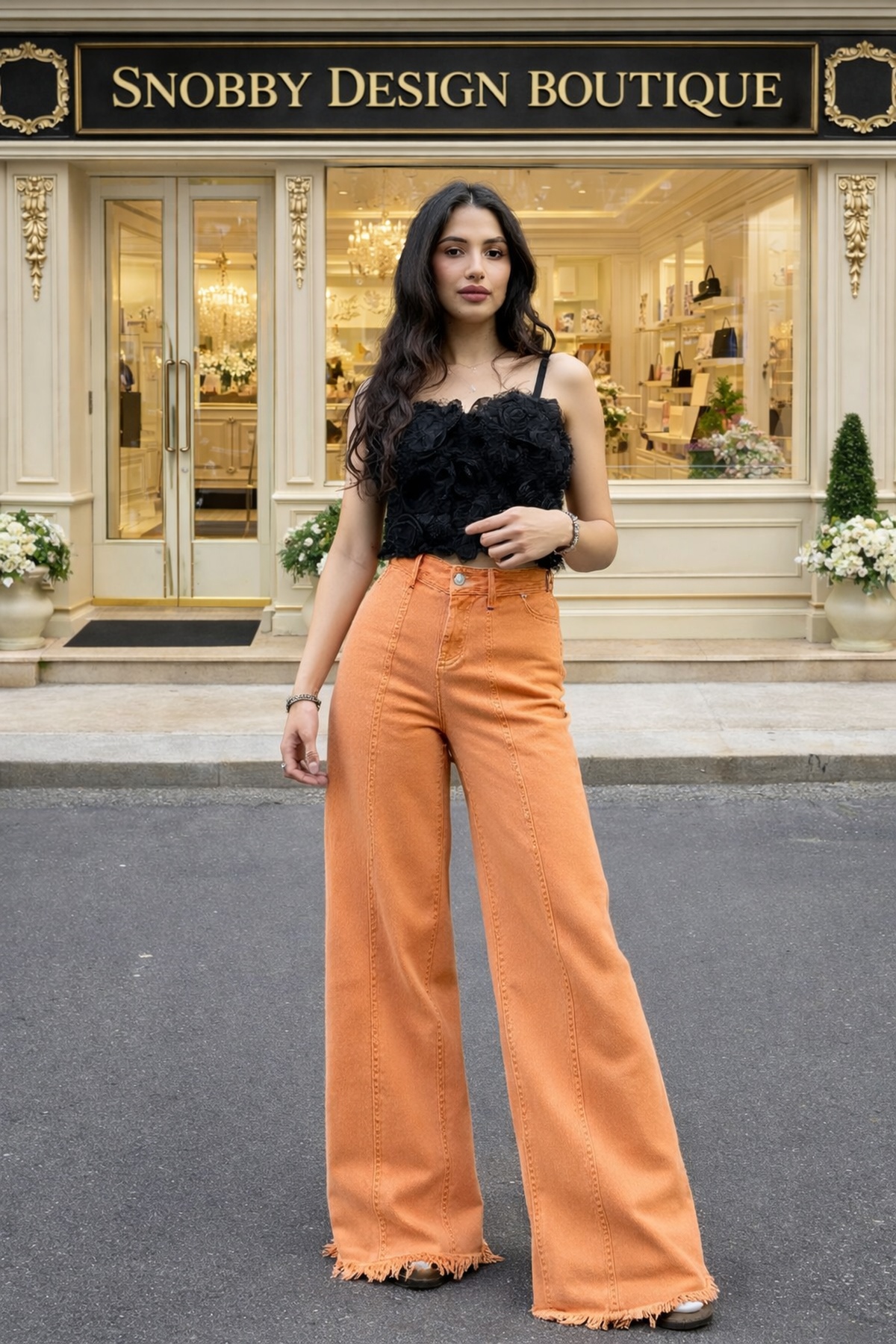 Burnt Orange Acid Wash Wide-Leg Palazzo Stretch  Jeans