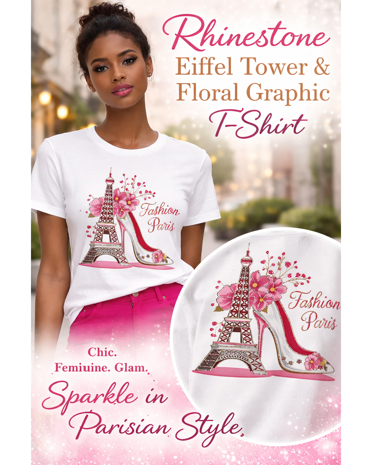 Rhinestone Eiffel Tower & Floral Graphic T-Shirt