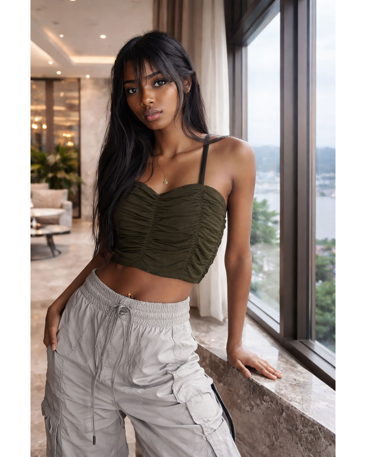 The Olive Muse Ribbed Ruched Crop Top