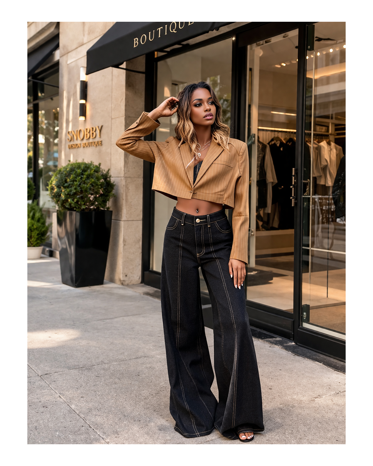 The Muse Cropped Pinstripe Blazer Beige